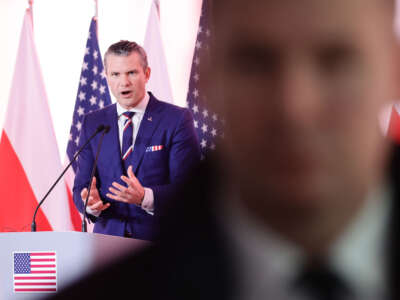 U.S. Secretary of Defense Pete Hegseth speaks during a press conference after his meeting with Polish Defense Minister Wladyslaw Kosiniak-Kamysz in Warsaw, Poland, on February 14, 2025.