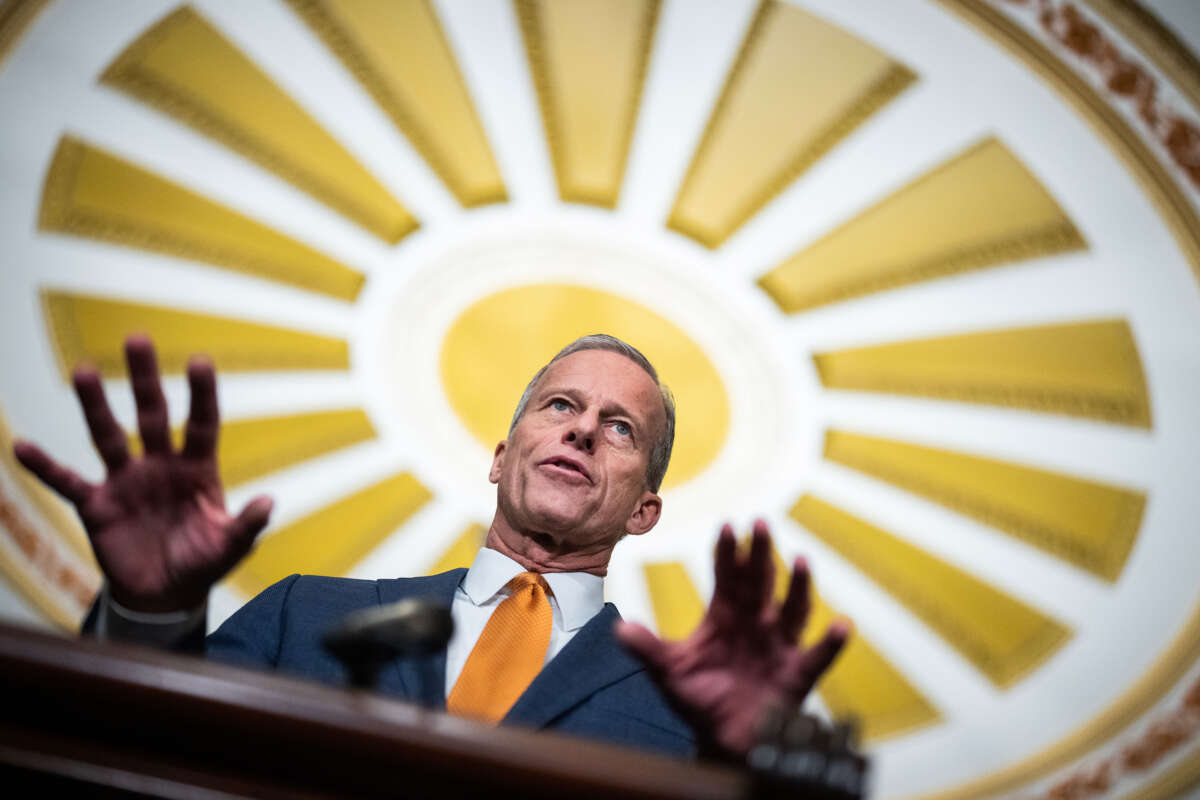 Senate Majority Leader John Thune conducts a news conference after the senate luncheons in the U.S. Capitol on February 4, 2025, in Washington, D.C.