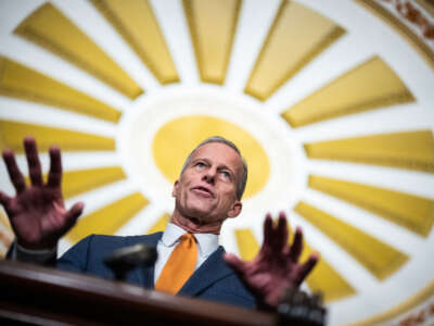 Senate Majority Leader John Thune conducts a news conference after the senate luncheons in the U.S. Capitol on February 4, 2025, in Washington, D.C.