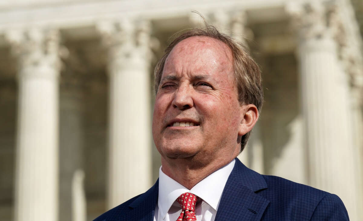 Ken Paxton, Texas Attorney General, speaks with the media outside the U.S. Supreme Court on February 26, 2024, in Washington, D.C.