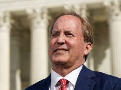 Ken Paxton, Texas Attorney General, speaks with the media outside the U.S. Supreme Court on February 26, 2024, in Washington, D.C.