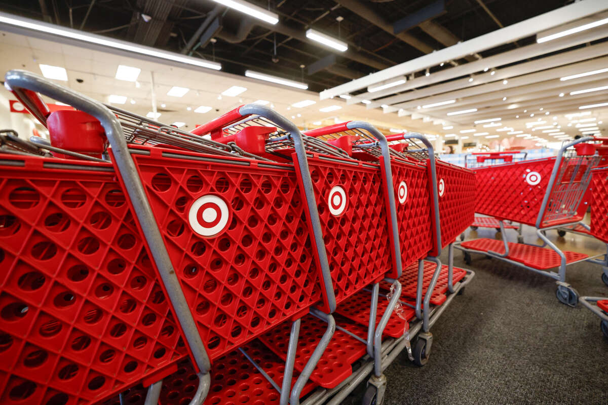 Empty shopping carts sit at a Target store in Chicago on November 26, 2024.