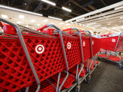 Empty shopping carts sit at a Target store in Chicago on November 26, 2024.