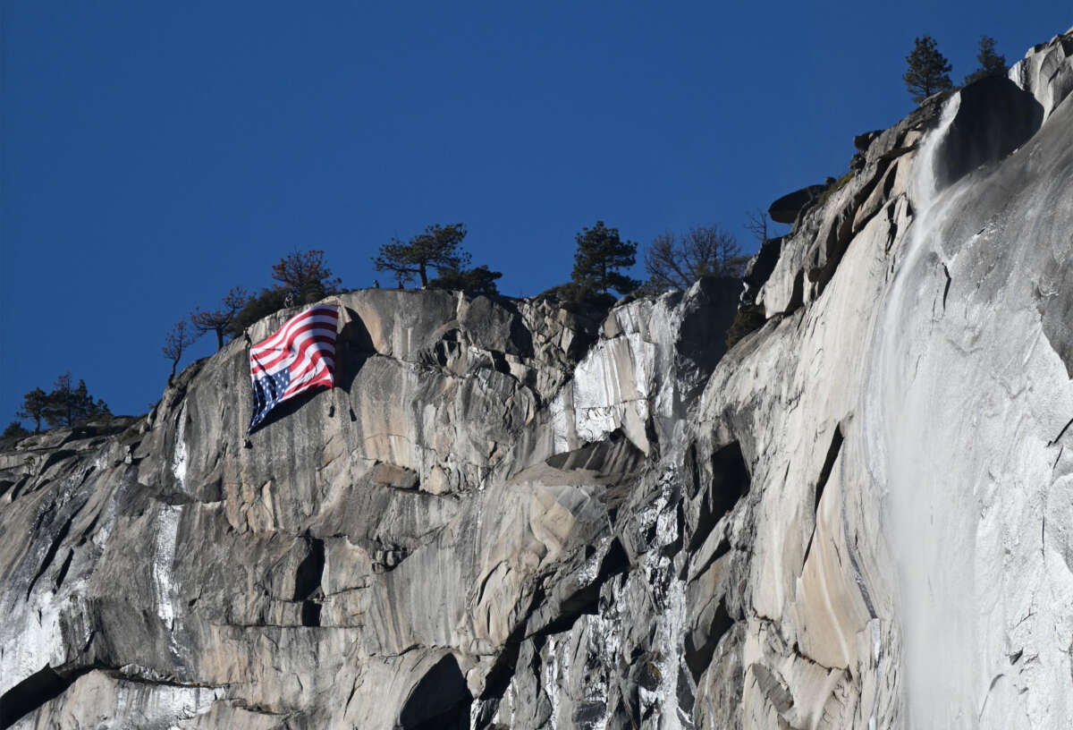 The U.S. flag is seen upside down at Yosemite National Park, California, in a photo taken by a Reddit user on February 22, 2025.