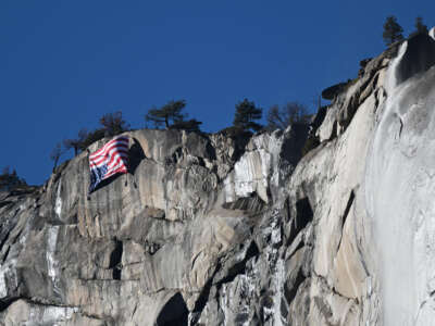 The U.S. flag is seen upside down at Yosemite National Park, California, in a photo taken by a Reddit user on February 22, 2025.