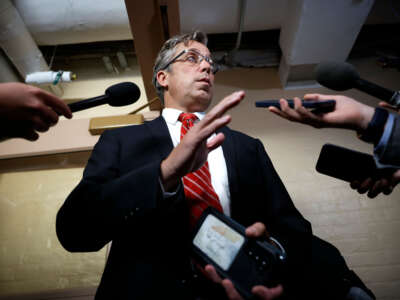 House Freedom Caucus member Rep. Andy Ogles speaks to reporters before attending an afternoon Republican caucus meeting at the U.S. Capitol on September 29, 2023, in Washington, D.C.