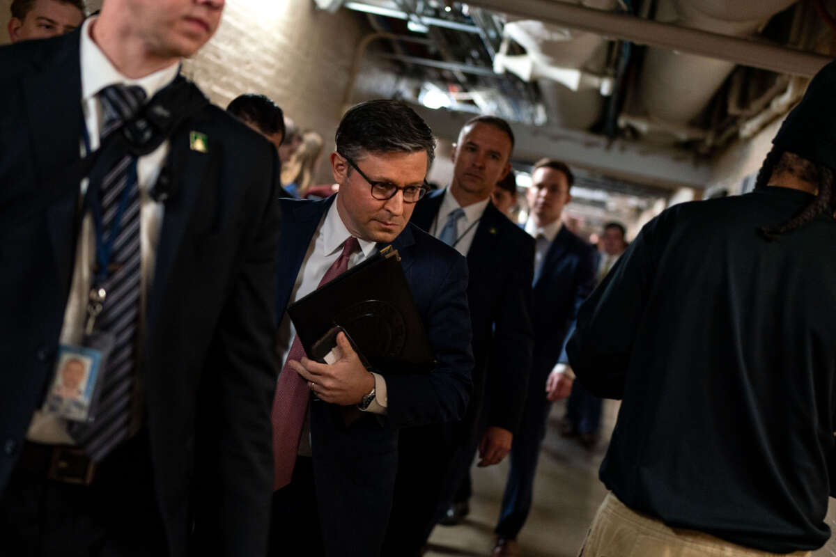 Speaker of the House Mike Johnson departs a House Republican conference meeting at the U.S. Capitol on February 11, 2025, in Washington, D.C.