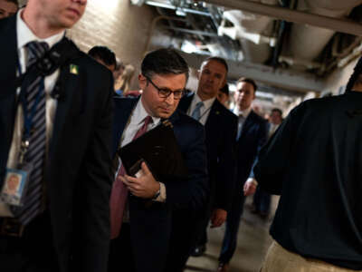 Speaker of the House Mike Johnson departs a House Republican conference meeting at the U.S. Capitol on February 11, 2025, in Washington, D.C.