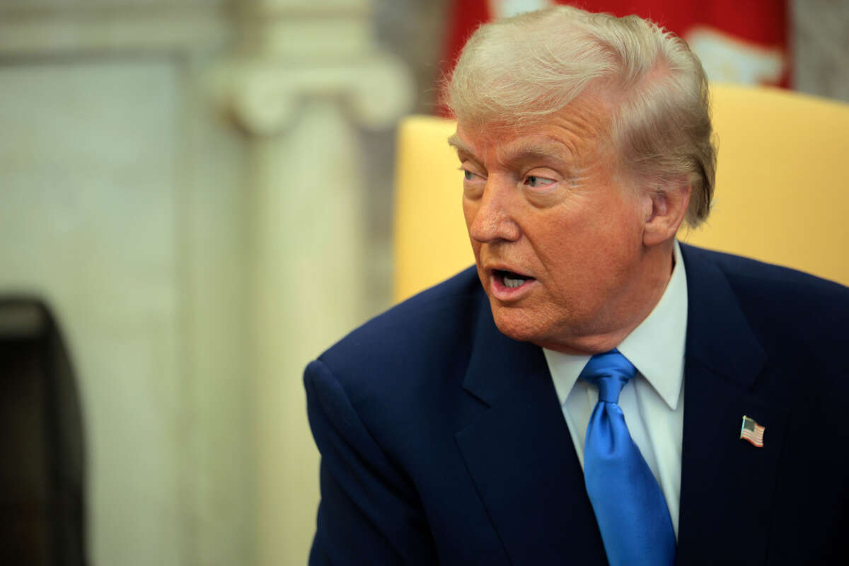 President Donald Trump speaks during a meeting with French President Emmanuel Macron in the Oval Office at the White House on February 24, 2025, in Washington, D.C.