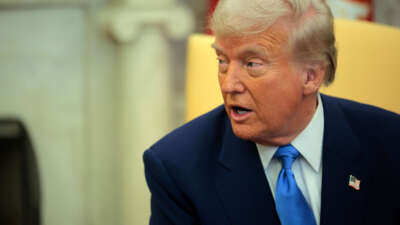 President Donald Trump speaks during a meeting with French President Emmanuel Macron in the Oval Office at the White House on February 24, 2025, in Washington, D.C.