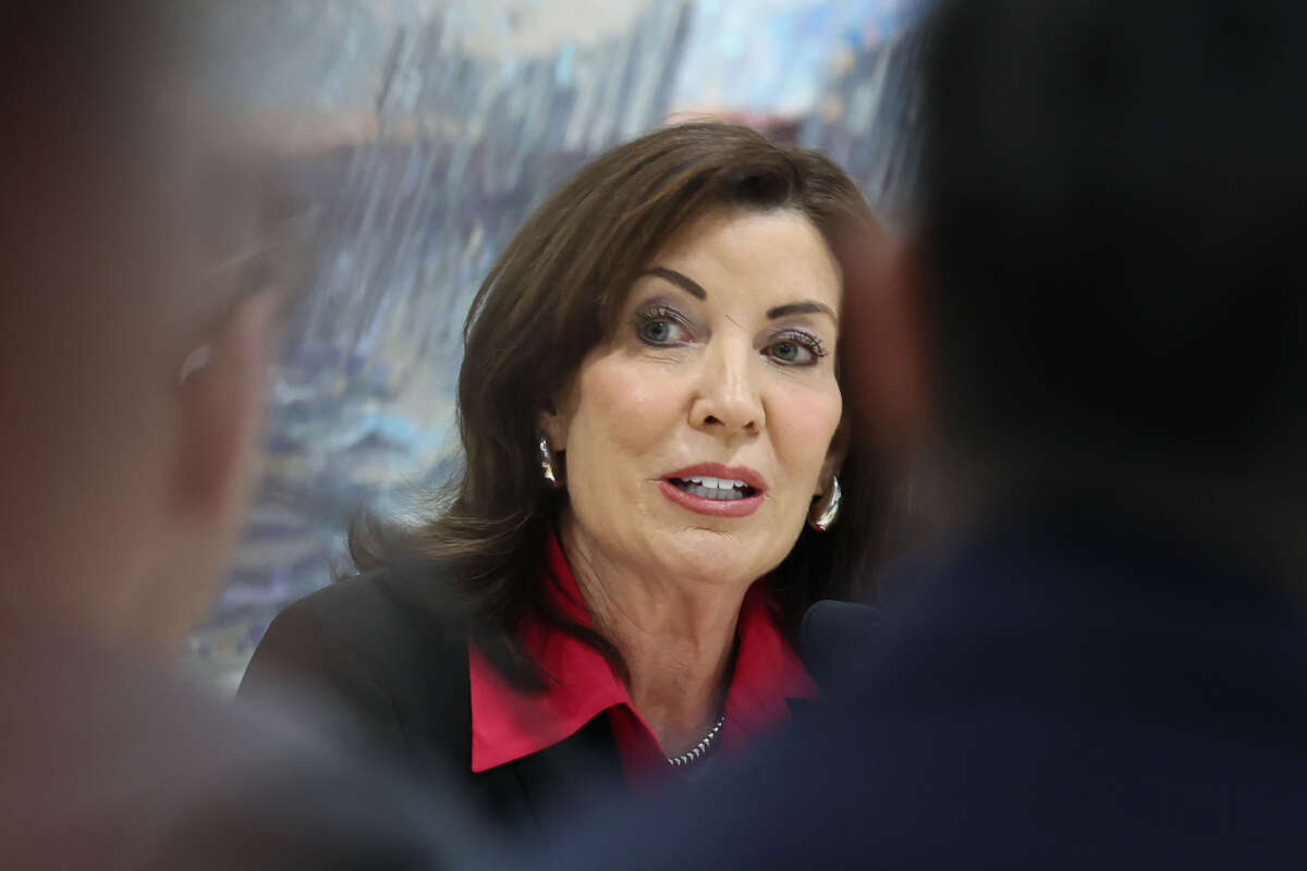 Gov. Kathy Hochul speaks during the MTA Board's monthly meeting at Grand Central Madison on February 26, 2025, in New York City.