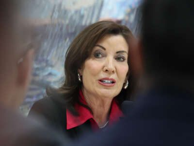 Gov. Kathy Hochul speaks during the MTA Board's monthly meeting at Grand Central Madison on February 26, 2025, in New York City.