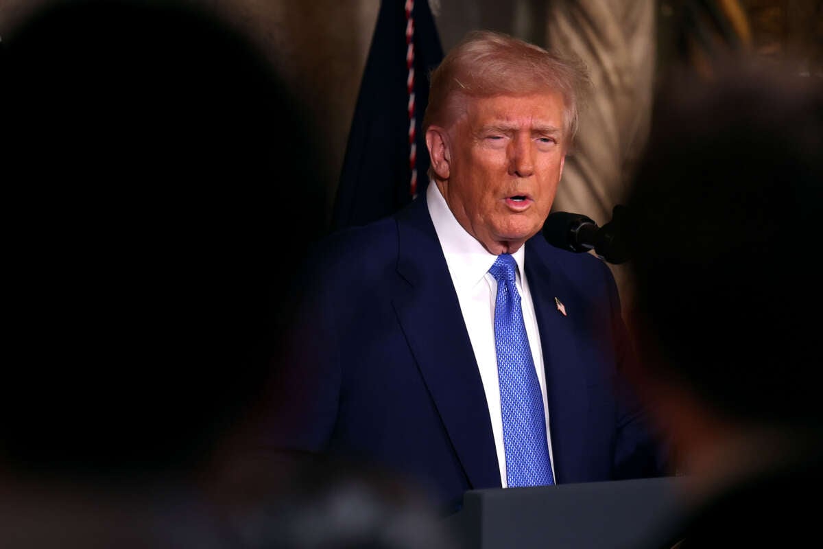 President Donald Trump delivers remarks before signing an executive order at his Mar-a-Lago resort on February 18, 2025, in Palm Beach, Florida.