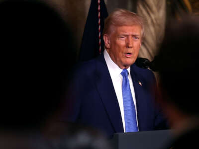 President Donald Trump delivers remarks before signing an executive order at his Mar-a-Lago resort on February 18, 2025, in Palm Beach, Florida.