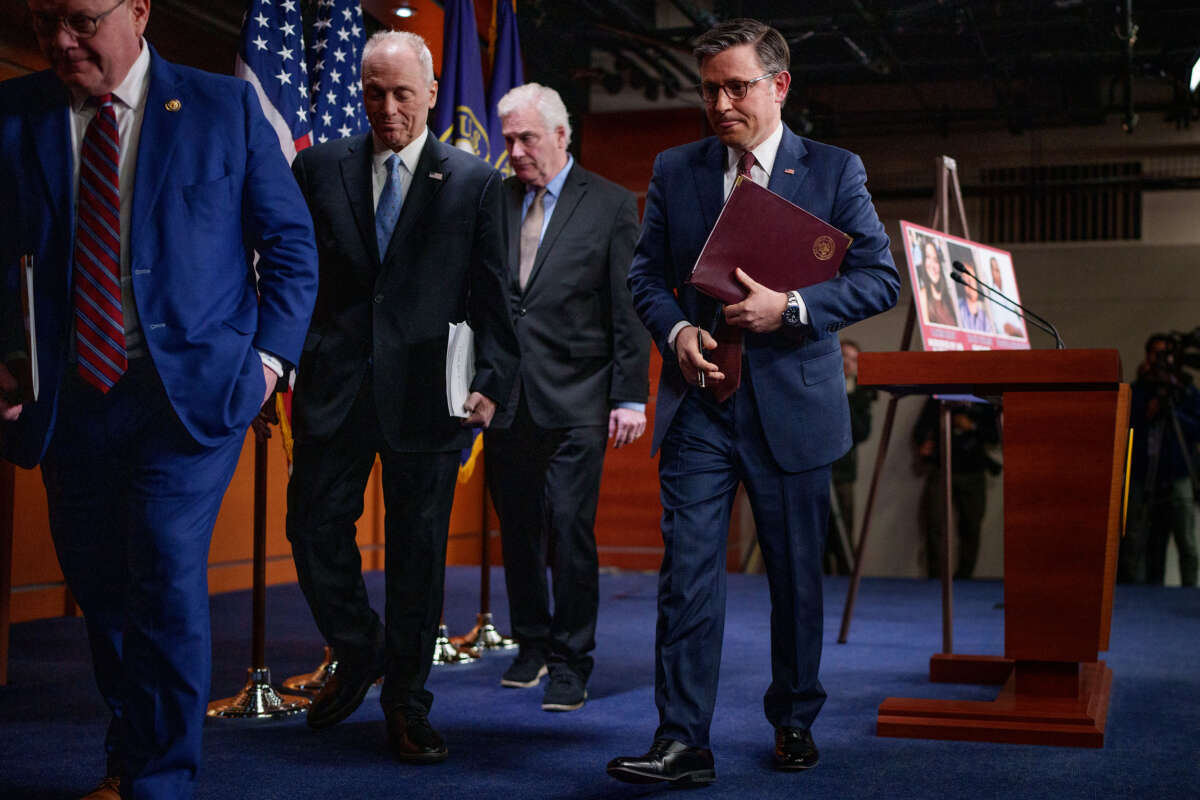 From left, Rep. Tim Moore, House Majority Leader Steve Scalise, House Majority Whip Tom Emmer and U.S. Speaker of the House Mike Johnson depart a news conference following a House Republican caucus meeting at the U.S. Capitol on February 25, 2025, in Washington, D.C.