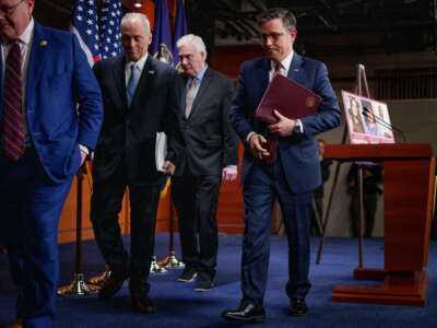 From left, Rep. Tim Moore, House Majority Leader Steve Scalise, House Majority Whip Tom Emmer and U.S. Speaker of the House Mike Johnson depart a news conference following a House Republican caucus meeting at the U.S. Capitol on February 25, 2025, in Washington, D.C.