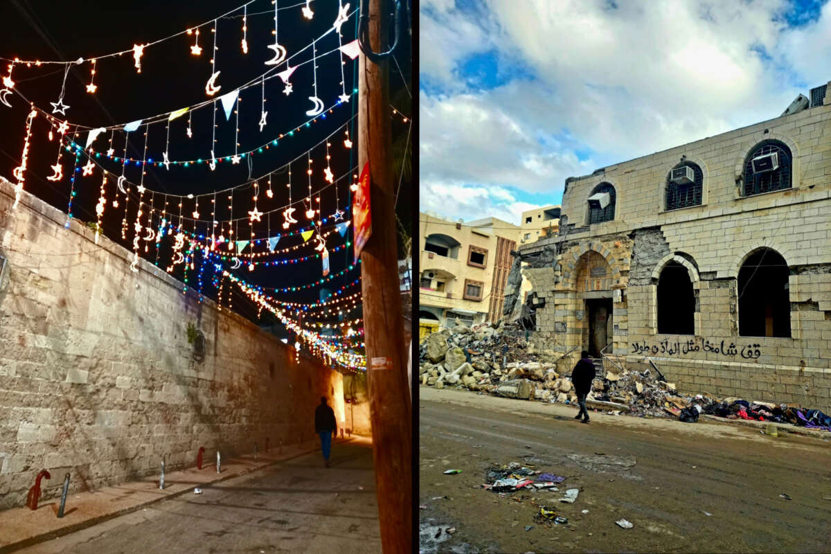 Left: Beautiful street decorations light up the area around the ancient Al-Omari Mosque during Ramadan in 2022, before the war. Right: Despite its destruction, Al-Kanz Mosque is being restored by the people so they can continue praying there, as no mosques remain in Gaza — they have all been reduced to ruins. Sadly, this Ramadan, the streets are not decorated; they are nothing but rubble. I took this photo of Al-Kanz Mosque on February 24, 2025.