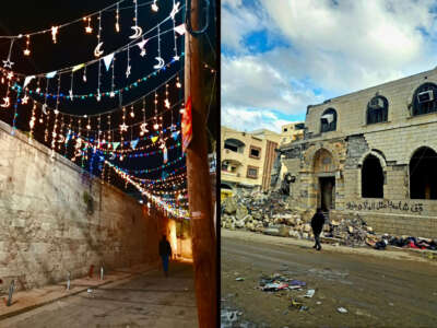 Left: Beautiful street decorations light up the area around the ancient Al-Omari Mosque during Ramadan in 2022, before the war. Right: Despite its destruction, Al-Kanz Mosque is being restored by the people so they can continue praying there, as no mosques remain in Gaza — they have all been reduced to ruins. Sadly, this Ramadan, the streets are not decorated; they are nothing but rubble. I took this photo of Al-Kanz Mosque on February 24, 2025.