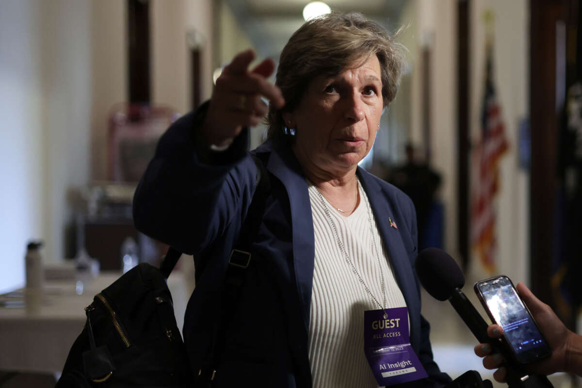 Randi Weingarten, President of American Federation of Teachers, speaks to members of the press at the Russell Senate Office Building on Capitol Hill on September 13, 2023, in Washington, D.C.