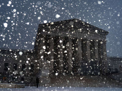 A person stands on the plaza of the Supreme Court as snow falls on February 11, 2025, in Washington, D.C.