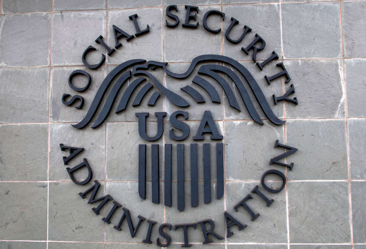 The logo of the U.S. Social Security Administration is seen outside a Social Security building on November 5, 2020, in Burbank, California.