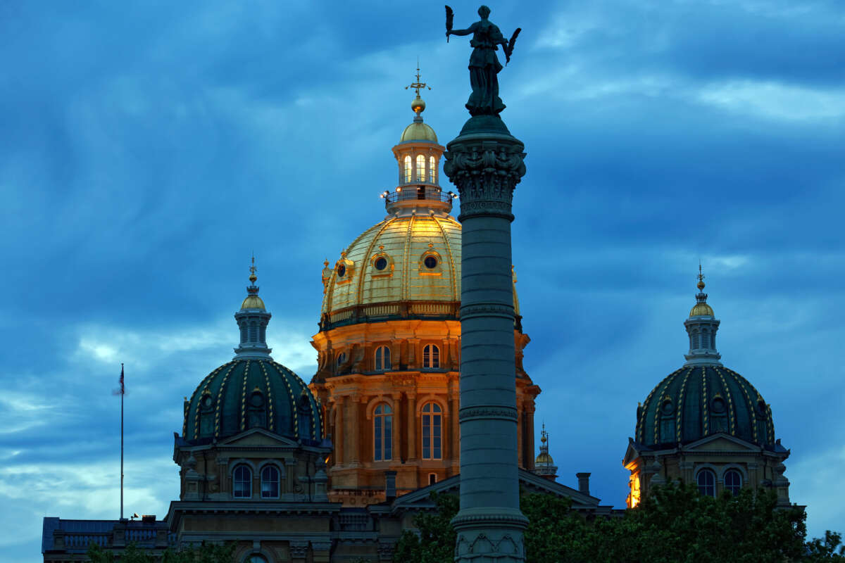 The Iowa state capitol dome is seen illuminated in Des Moines, Iowa.