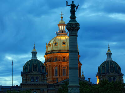 The Iowa state capitol dome is seen illuminated in Des Moines, Iowa.