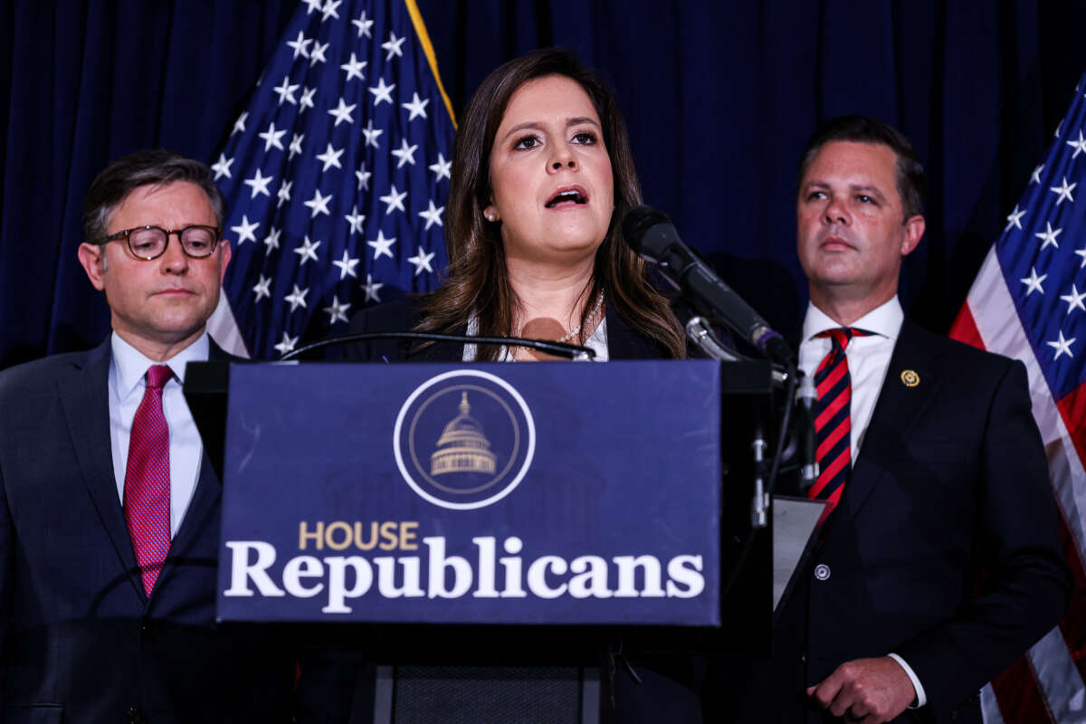 Rep. Elise Stefanik speaks during a House Republican Leadership post-meeting press conference ahead of a vote on a bill to fund the government for six months and the SAVE Act that requires proof of citizenship in order to vote in elections, at the Republican National Committee on September 18, 2024.