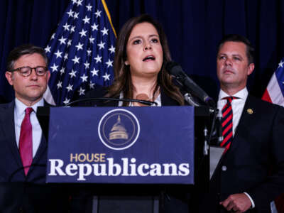 Rep. Elise Stefanik speaks during a House Republican Leadership post-meeting press conference ahead of a vote on a bill to fund the government for six months and the SAVE Act that requires proof of citizenship in order to vote in elections, at the Republican National Committee on September 18, 2024.