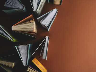 Books standing on brown background