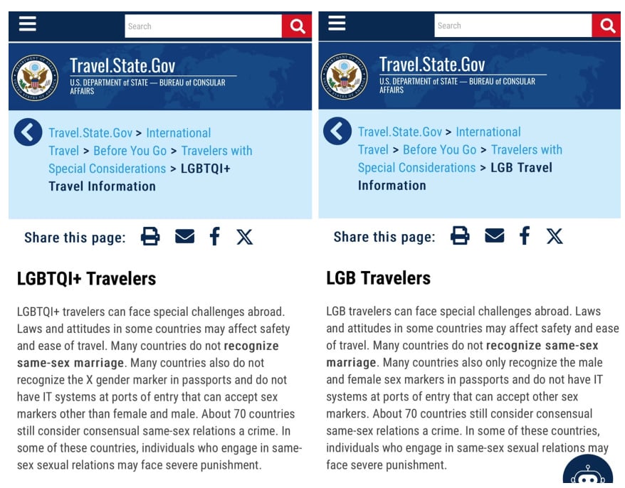 A capture from NBC News  of the changes made to the State Department’s travel safety website.