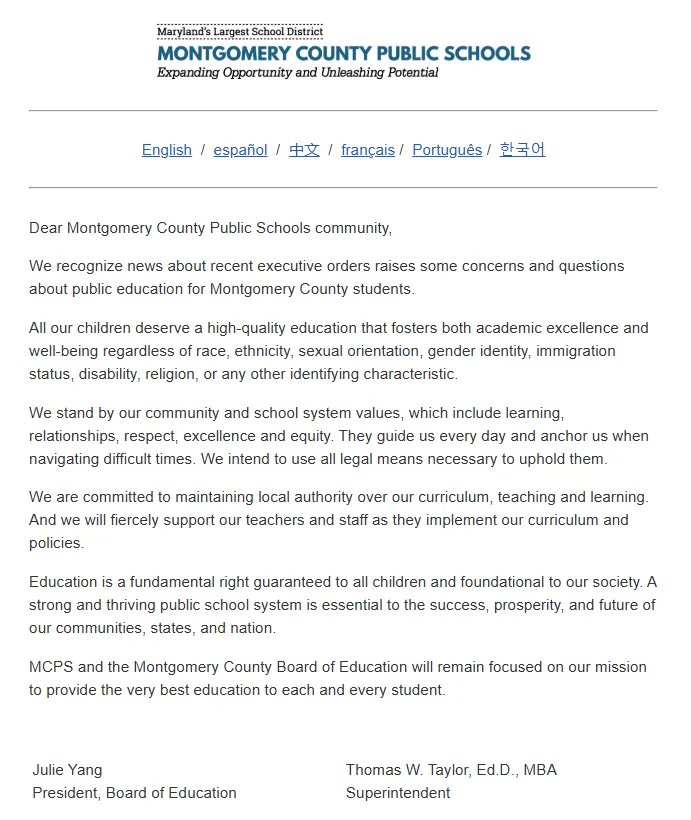 Email from Montgomery County Public Schools.