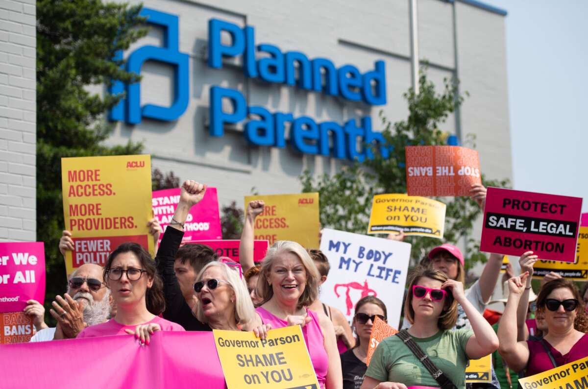 Pro-choice supporters and staff of Planned Parenthood hold a rally outside the Planned Parenthood Reproductive Health Services Center in St. Louis, Missouri, on May 31, 2019.