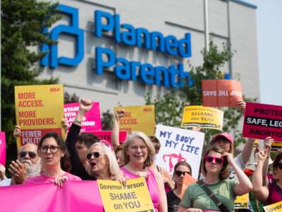 Pro-choice supporters and staff of Planned Parenthood hold a rally outside the Planned Parenthood Reproductive Health Services Center in St. Louis, Missouri, on May 31, 2019.