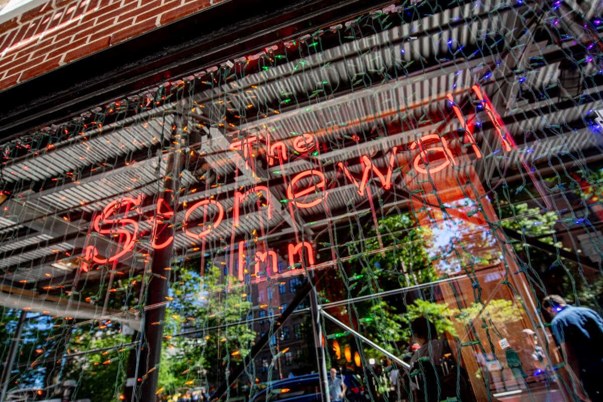 A view of the "Stonewall Inn" sign .