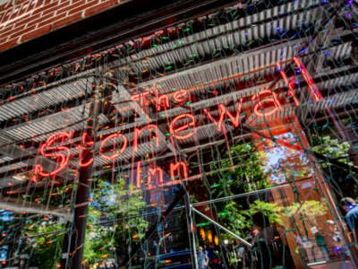 A view of the "Stonewall Inn" sign .