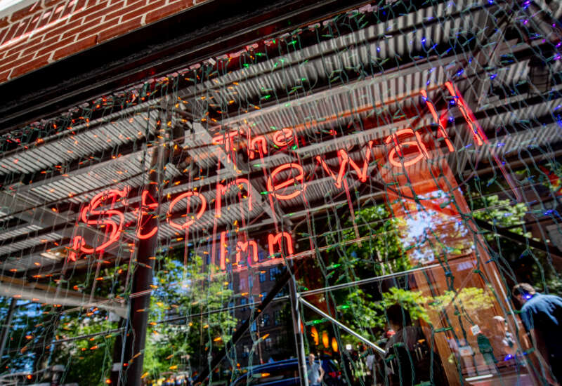 A view of the "Stonewall Inn" sign .