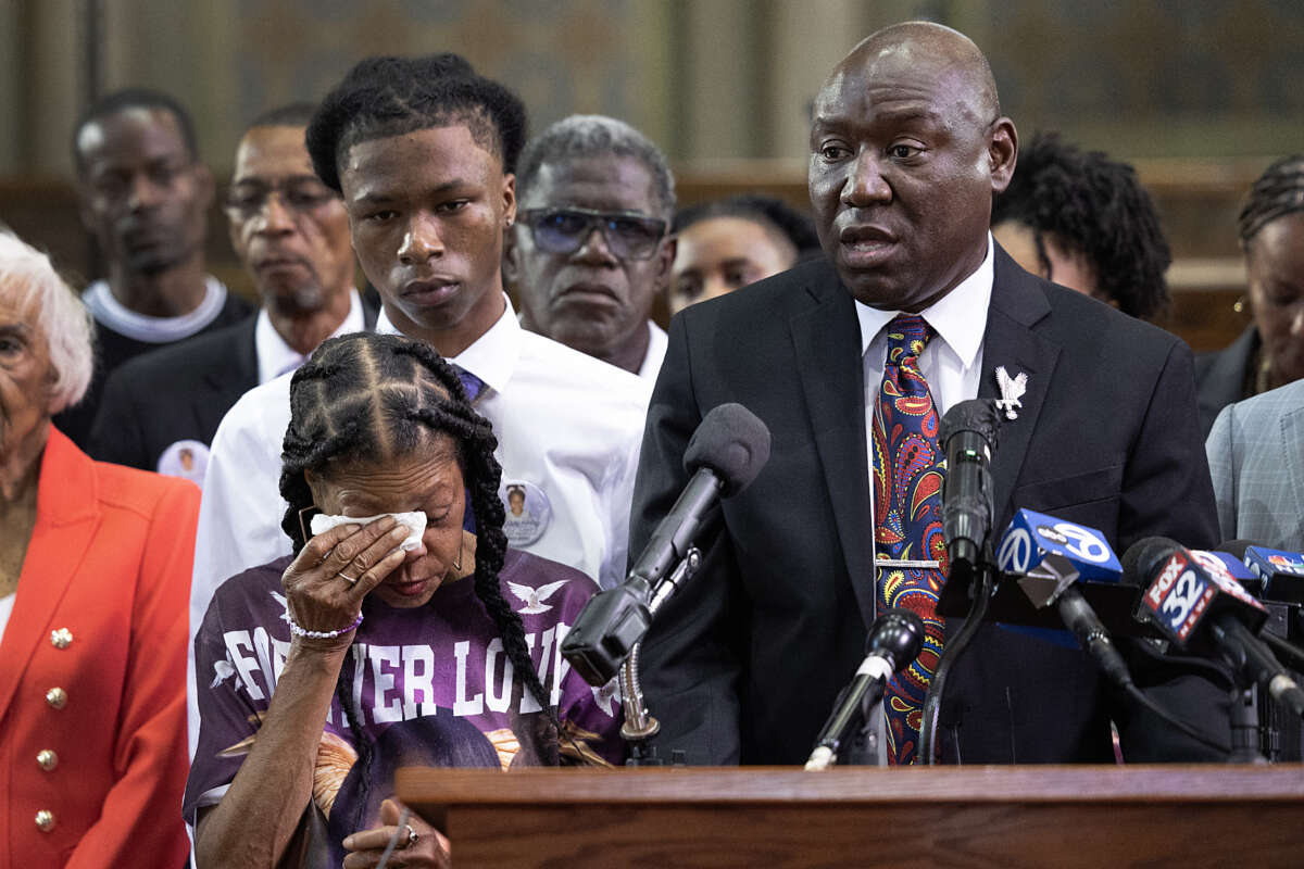 Donna Massey, the mother of shooting victim Sonya Massey, wipes away tears during a press conference with attorney Ben Crump at New Mount Pilgrim Church on July 30, 2024, in Chicago, Illinois.