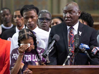 Donna Massey, the mother of shooting victim Sonya Massey, wipes away tears during a press conference with attorney Ben Crump at New Mount Pilgrim Church on July 30, 2024, in Chicago, Illinois.