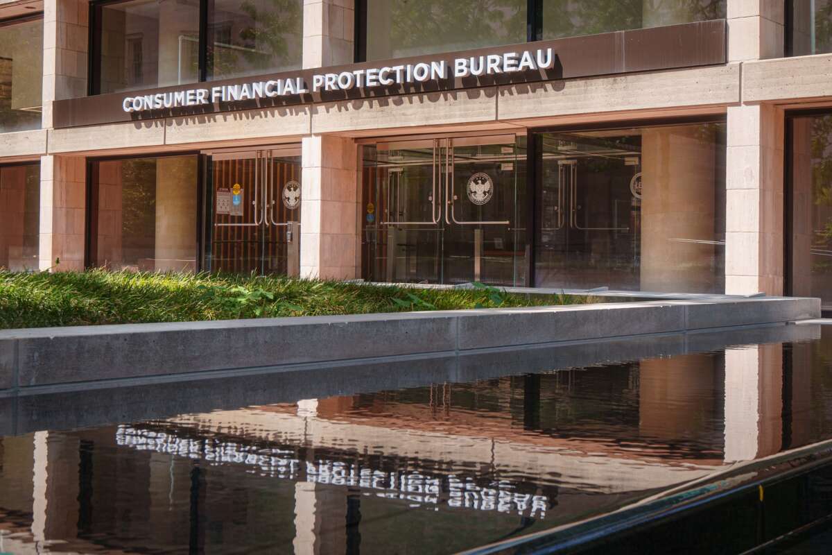 The entrance to the Consumer Financial Protection Bureau headquarters building is seen on August 18, 2024, in Washington, D.C.