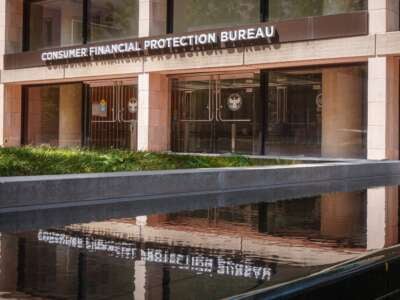 The entrance to the Consumer Financial Protection Bureau headquarters building is seen on August 18, 2024, in Washington, D.C.