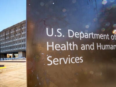 A sign marks the location of the U.S. Department of Health and Human Services (HHS) headquarters building on January 29, 2025, in Washington, DC.