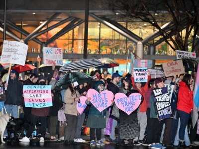 Supporters of transgender youth demonstrate outside Children's Hospital Los Angeles (CHLA) on February 6, 2025 in the wake of US President Donald Trump's executive order threatening to pull federal funding from healthcare providers who offer gender-affirming care to children.