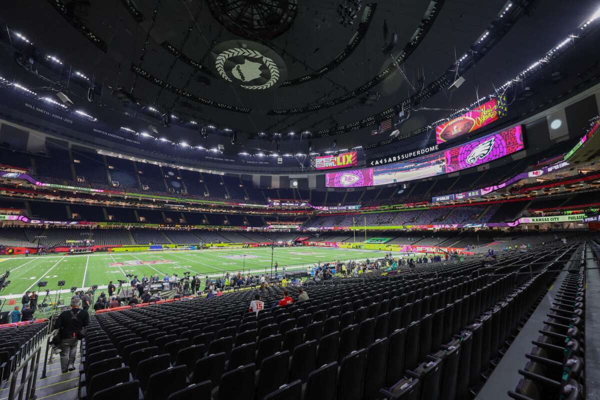 Preparations finish up inside the Caesars Superdome before Super Bowl LIX on Sunday February 9, 2025, in New Orleans, Louisiana.