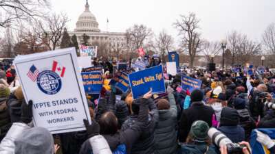 Protesters gather at a rally organized by the American Federation of Government Employees against the “Department of Government Efficiency” purges and resignation offers made to the federal civilian workforce outside the U.S. Capitol in Washington, D.C., on February 11, 2025.