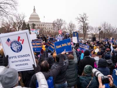 Protesters gather at a rally organized by the American Federation of Government Employees against the “Department of Government Efficiency” purges and resignation offers made to the federal civilian workforce outside the U.S. Capitol in Washington, D.C., on February 11, 2025.