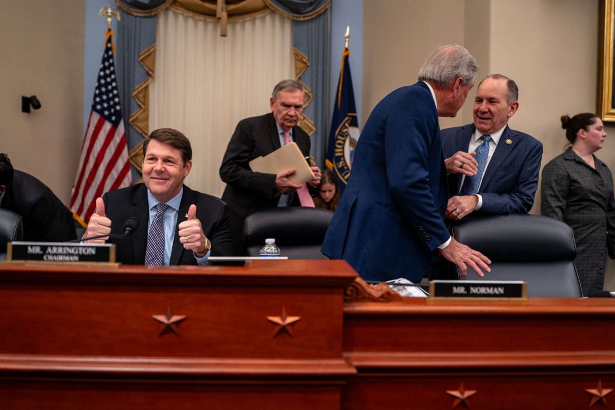 House Budget Committee Chairman Rep. Jodey Arrington (R-Texas) gives a thumbs up to press photographers before the start of a meeting in the Cannon House Office Building on February 13, 2025, in Washington, D.C.