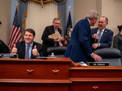 House Budget Committee Chairman Rep. Jodey Arrington (R-Texas) gives a thumbs up to press photographers before the start of a meeting in the Cannon House Office Building on February 13, 2025, in Washington, D.C.