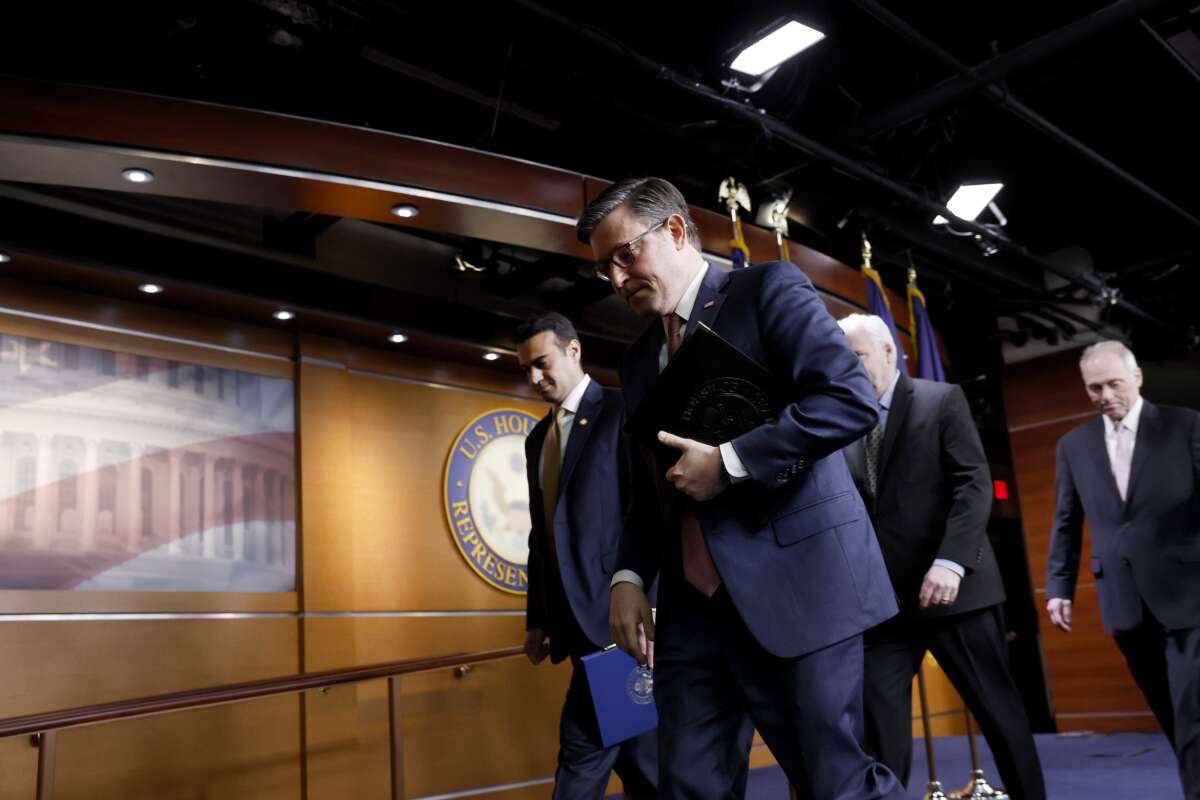 House Speaker Mike Johnson departs with other House Republican leaders at a news conference after the House Republican Conference meeting in the U.S. Capitol Building on February 11, 2025, in Washington, D.C. House Republican leadership members spoke to reporters about President Donald Trump's actions in the first few weeks of his second term and progress on the House Republicans’ budget plan.