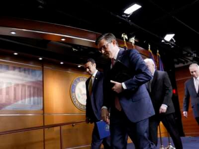 House Speaker Mike Johnson departs with other House Republican leaders at a news conference after the House Republican Conference meeting in the U.S. Capitol Building on February 11, 2025, in Washington, D.C. House Republican leadership members spoke to reporters about President Donald Trump's actions in the first few weeks of his second term and progress on the House Republicans’ budget plan.